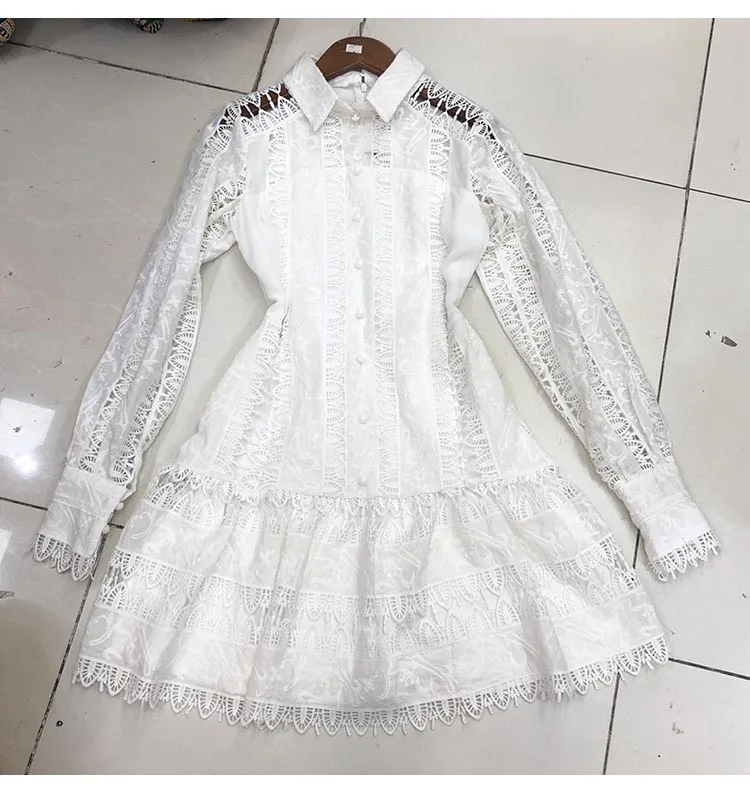

French Vintage Runway Dress White Hollow Out Lantern Sleeve Elegant Mini Party Dress Embroidery Mermaid Robe New 2021