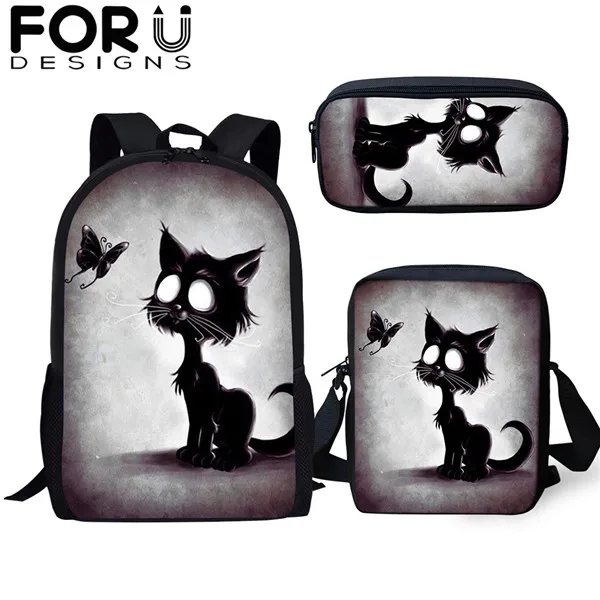 FORUDESIGNS/готический Черная кошка школьные сумки 3 шт./компл. для девочек и мальчиков Повседневное 3D Для женщин рюкзак ортопедический рюкзак детская дорожная сумка для книг - Цвет: CDGX1388CEK