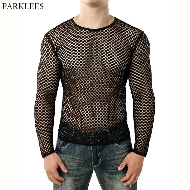 

Men's Long Sleeve Mesh Fishnet T-shirt 2021 Sexy New See Through Transparent Muscle Undershirts Hip Hop Streetwear Tops Tees 2XL