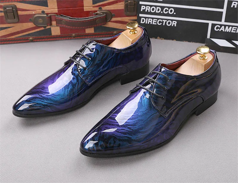 

New popular Casual Mens Shoes glitter royal blue print Flat Formal Oxfords Wedding Evening Dress shoes Sapato Social Masculino