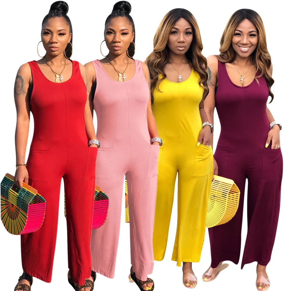 Casual Loose Jumpsuit Women Sleeveless Backless Wide Leg Jumpsuit Lounge Wear Pockets Rompers Womens Jumpsuit Overalls for Women