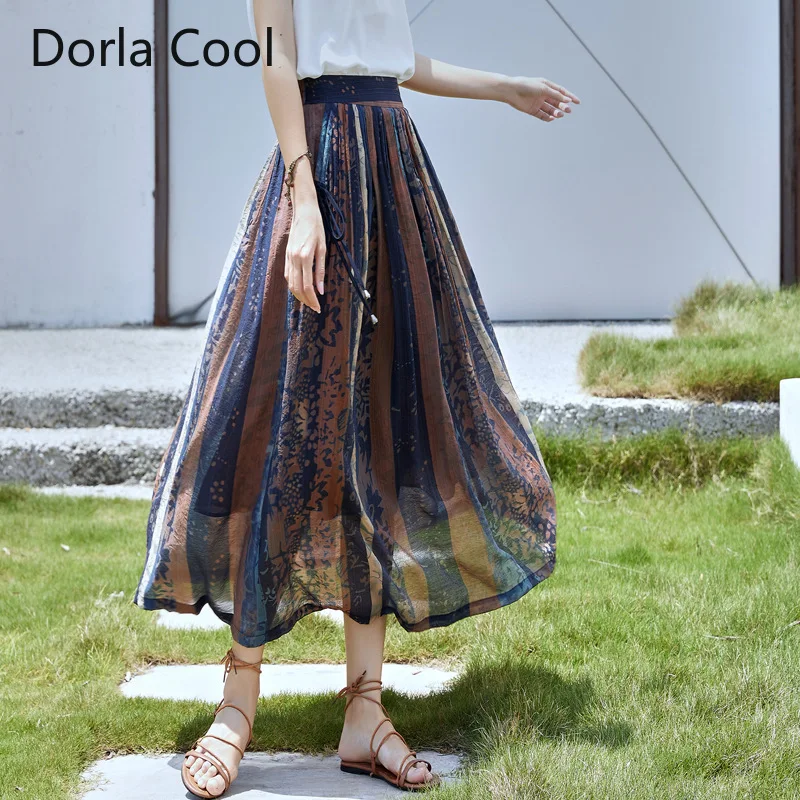 New Summer Chinese Style Women Retro Skirt Maxi Long Printed Casual High Waist Party Skirts Lady's Aline Cool Vacation Clothes