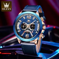 olevs watch for men new casual sports chronograph mens watches leather wristwatch big dial quartz clock with luminous pointers