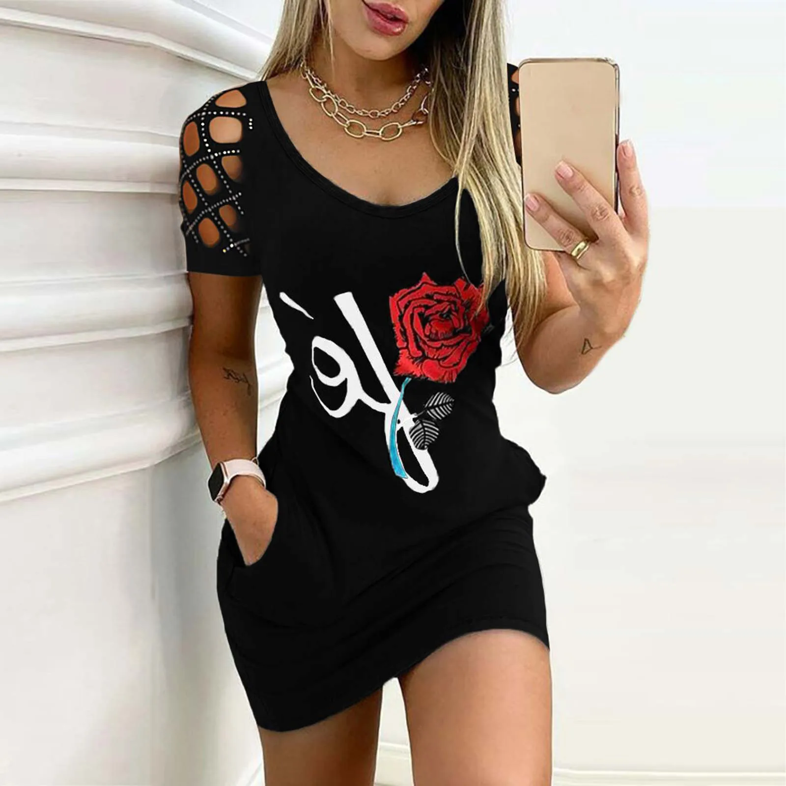 

2021 Dresses For Women Rose Prints Rhinestone Hollow O-neck Shortsleeve Summer Casual Lace Mini Dress Robe Moulante Ete Sukienka