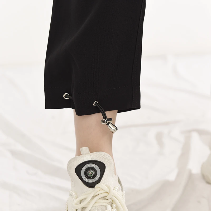 

Waist High Elastic Drawstring Hem Black Trousers New Loose Fit Wide Leg Pants Women Fashion Spring Autumn 2021 1B17401