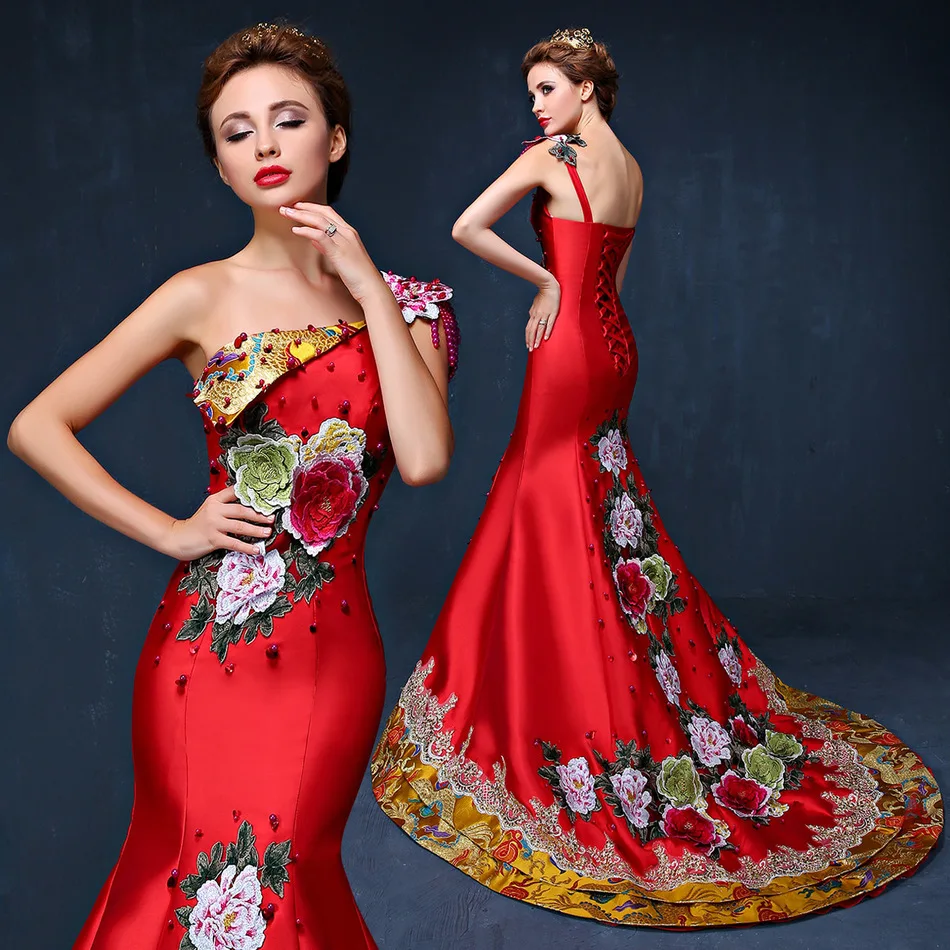 Blue Long Mermaid Evening Dress Embroidery Bride Wedding Cheongsam Chinese Party Dresses Robe Chinoise Trailing Princess | Тематическая