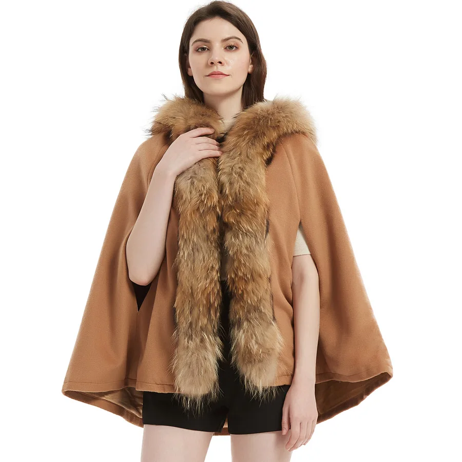 

Natural real raccoon fur collar detachable wool women's coat women's cloak coat coat street style autumn wool cloak fur coat