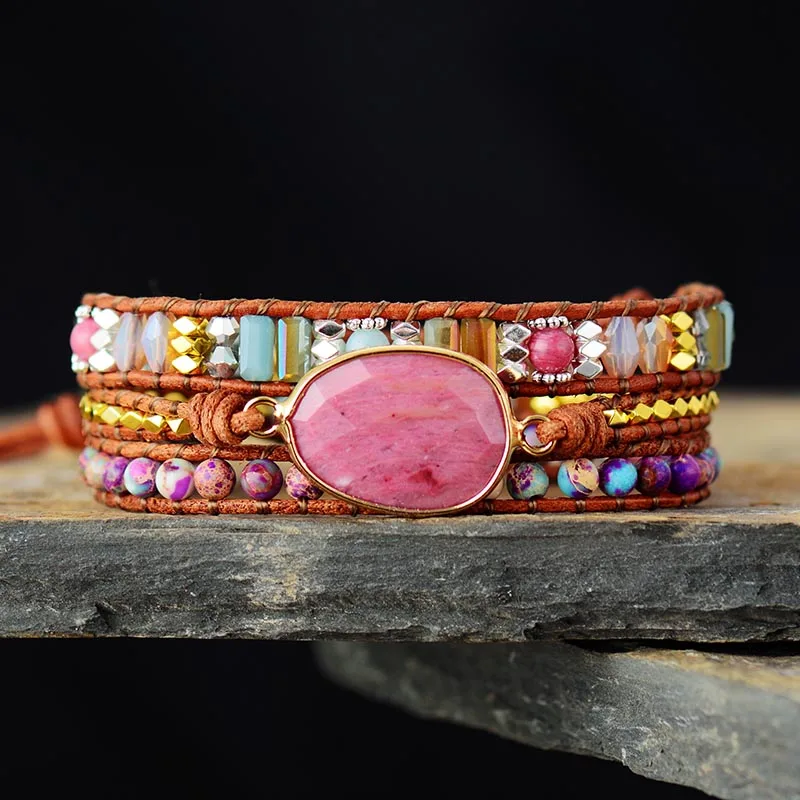 

Personalised Leather bracelet with multicolor natural stones, interlaced crystal bracelet, artistic gift