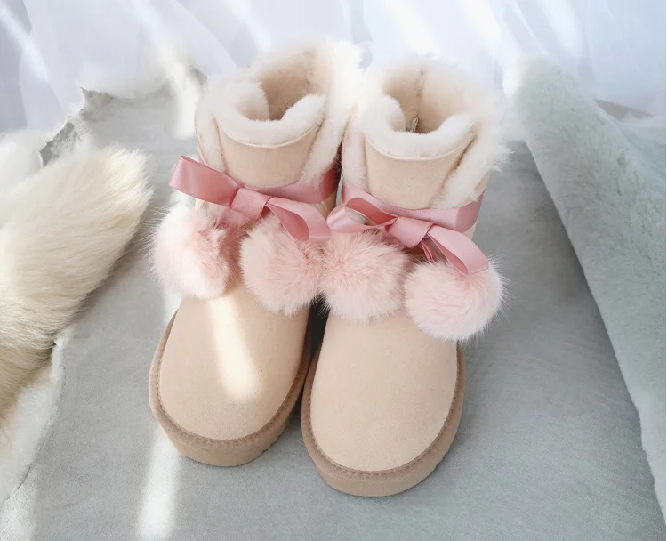 Tender pink G& Zaco/роскошные ботинки из натуральной овечьей кожи; женские ботинки из овечьей шерсти; австралийские снежные сапоги сладкие зимние ботинки на плоской подошве с мехом лисы и бантом - Цвет: Tender pink