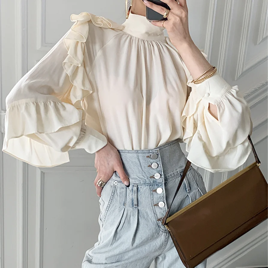 

Autumn Long Sleeve Blouse Women Korean Style Chic Stand Collar Folds Solid Ruffle Trim Female Tops Vintage Office Lady Blusas