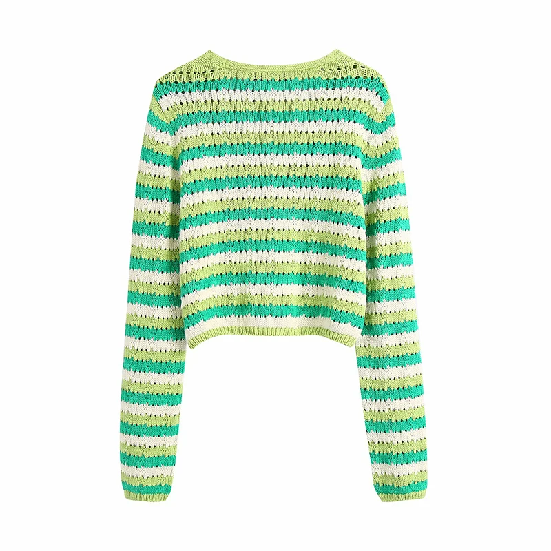 

WXWT Za Women Striped Knitted Cardigan Coat Vintage Jumper 2021 Knitted Cardigan Crop Tops BB1737