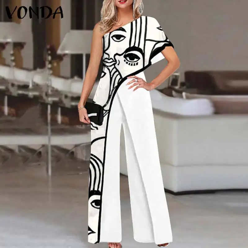 

Women Summer Long Jumpsuits VONDA 2022 Sexy One Shoulder Vintage Printed Rompers Woman Playsuits Ladies Party Overalls Femme