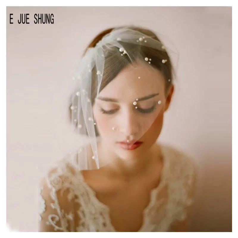 

E JUE SHUNG Blusher Veils Ivory White Tulle Birdcage Veils With Pearl Bridal Veils Veu De Noiva Longo Wedding Accessories