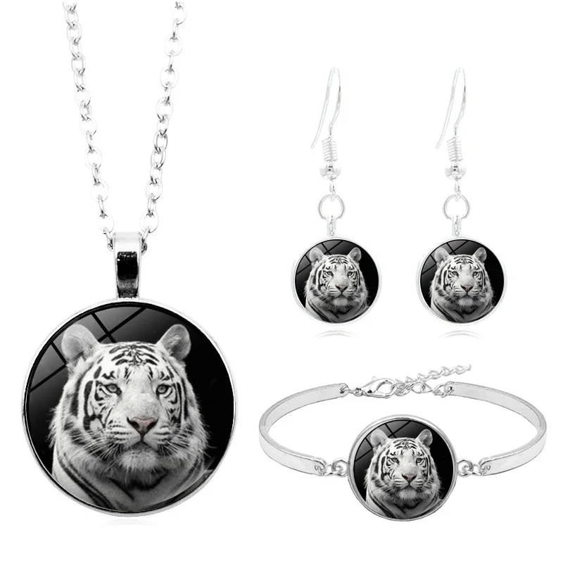 Белый тигр искусство кабошон с фото стекло комплект ювелирных изделий