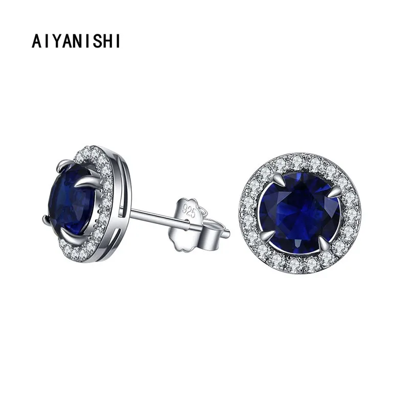 

AIYANISHI Vintage 925 Sterling Silver Stud Earrings Halo Blue Silver Stud Earrings for Women Wedding Engagement Party Gifts