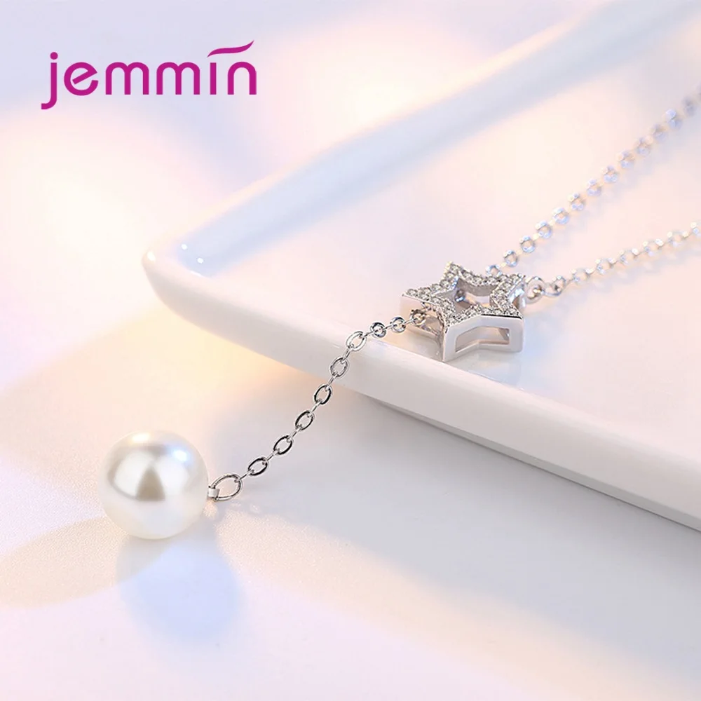 

Luxury Star Immitation Pearl 925 Sterling Silver Pendant Necklaces For Women Crystal Cubic Zirconia Korean Chain Necklaces Gift