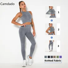 Conjuntos de Yoga de 3 piezas para mujer, chaleco Sexy de cintura alta, pantalones de gimnasio, traje deportivo de punto sin costuras, ropa de entrenamiento para correr y Fitness (1)