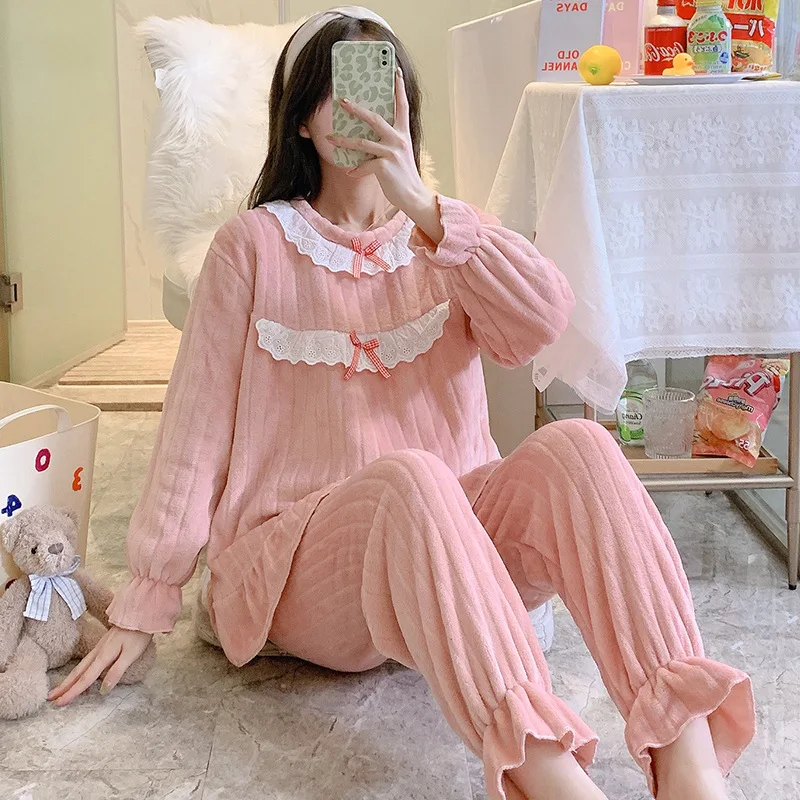 

Женская кружевная Пижама на завязках, утепленная Фланелевая пижама с цветочным узором, в Корейском стиле, для осени и зимы, 2021