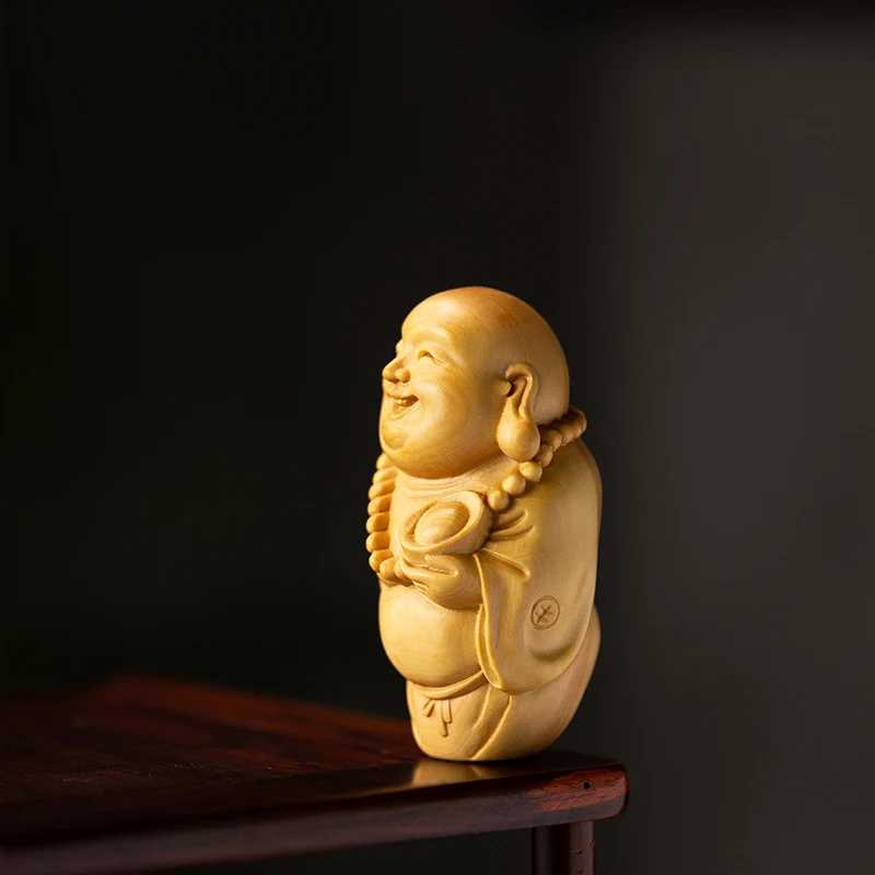 Деревянная резьба Maitreya Будда Смеющийся Самшит украшения Дерево Wenwan ручная