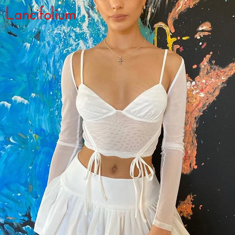 

Sexy Mesh Tees White Vneck Cami Long Sleeve Ruched Corset Crop Top Tshirt Winter Skinny Y2k Chic Korean Indie T Shirt Women 2022