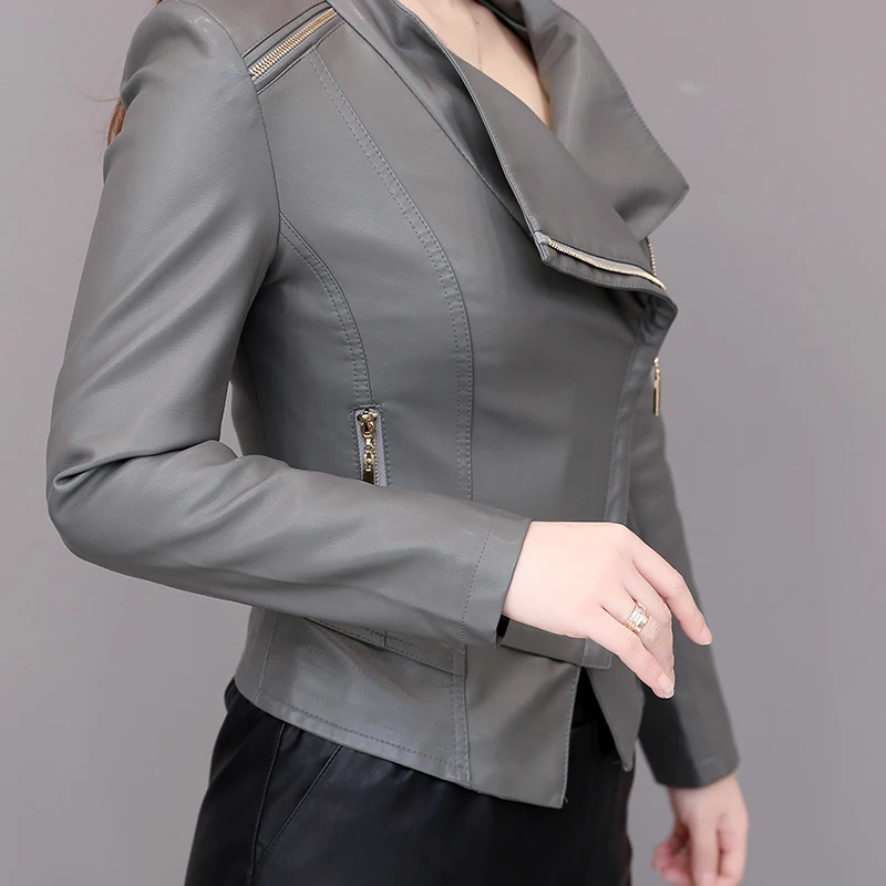 Женская кожаная куртка из искусственной кожи короткая осенняя на молнии тонкий