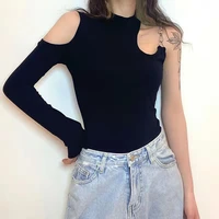sexy winter clothes women metal strap asymmetrical cold one shoulder short sweater all match slim and slim hollow out pullover
