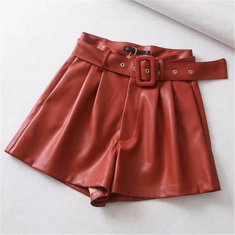 Повседневные шорты из искусственной кожи для женщин с высокой талией и поясом
