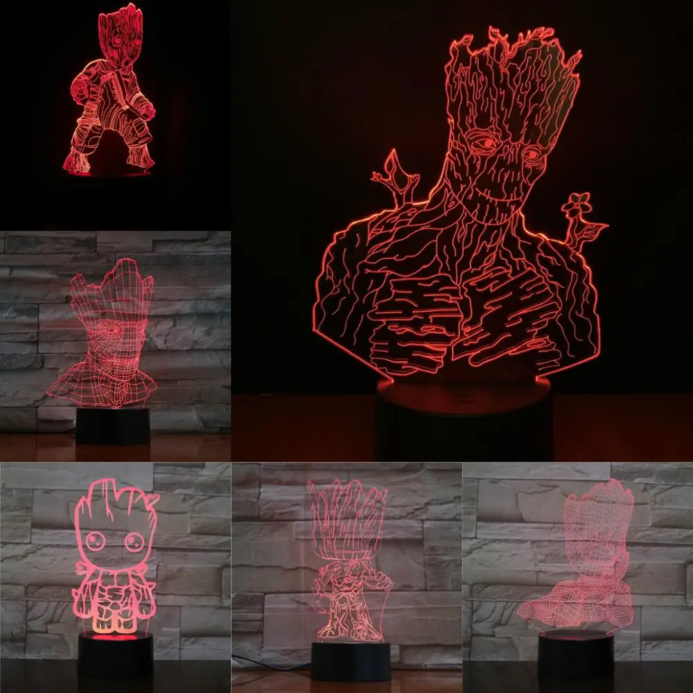 Мультфильм Groot 3D Светодиодная лампа USB лампа 7 цветов ночник для дома спальня настольная Современная креативная лампа акриловая пластина сенсорная дистанционная база