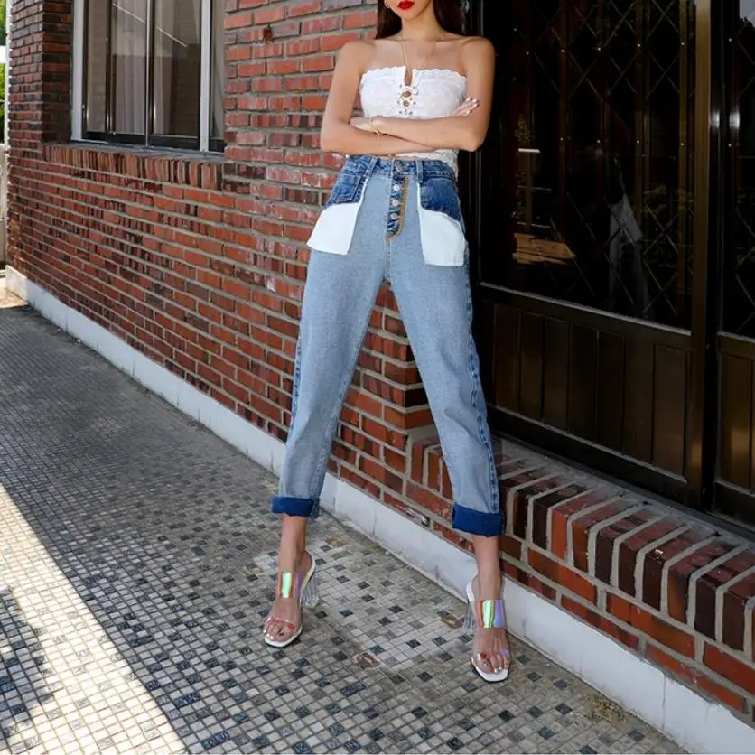 Женские джинсы с карманами винтажные джинсовые брюки из 100% хлопка уникальный