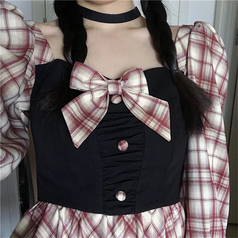 

England Style Women Mini Dress Square Collar Contrast Color Vintage Plaid Bow Dress Puff Sleeve Cute Kawaii Lolita Ruffles Dress