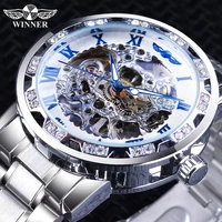 winner skeleton dial fashion diamond watch white silver sport watch stainless steel band luminous hand luxury brand man clock