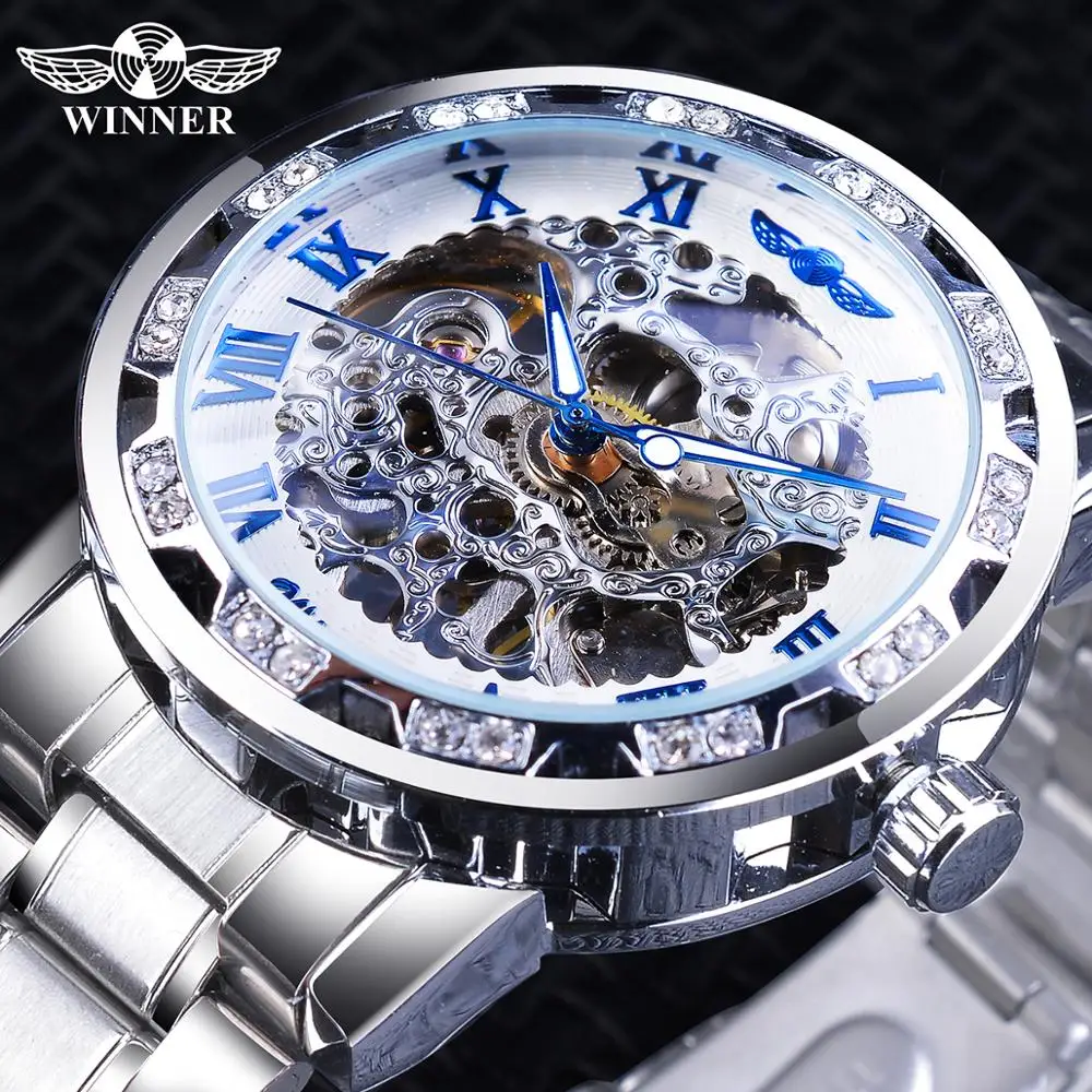 Часы Winner Skeleton Dial модные часы с бриллиантами белые серебристые спортивные из