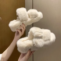2021 platform fluffy home slippers women faux fur slippers cozy furry slides open toe slip on soft slipper floor plush warm shoe