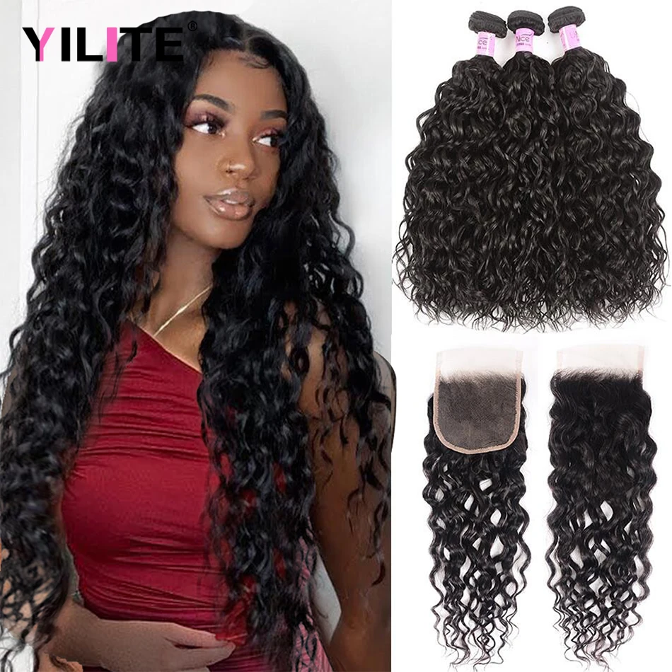 

Water Wave Human Hair Bundles With 4x4 HD Transparent Lace Closure 100% Indian Human Remy Hair Extensions 3 Bundles With Closure