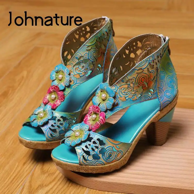 

Johnature Retro Women Shoes Platform Sandals Genuine Leather Mixed Colors Zip 2022 New Handmade Flower Sewing Ladies Sandals