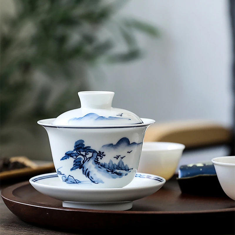 

blue-and-white porcelain gaiwan mountain river print covered bowl Sancai bowl with cover cup coaster saucer lid in China 180ml