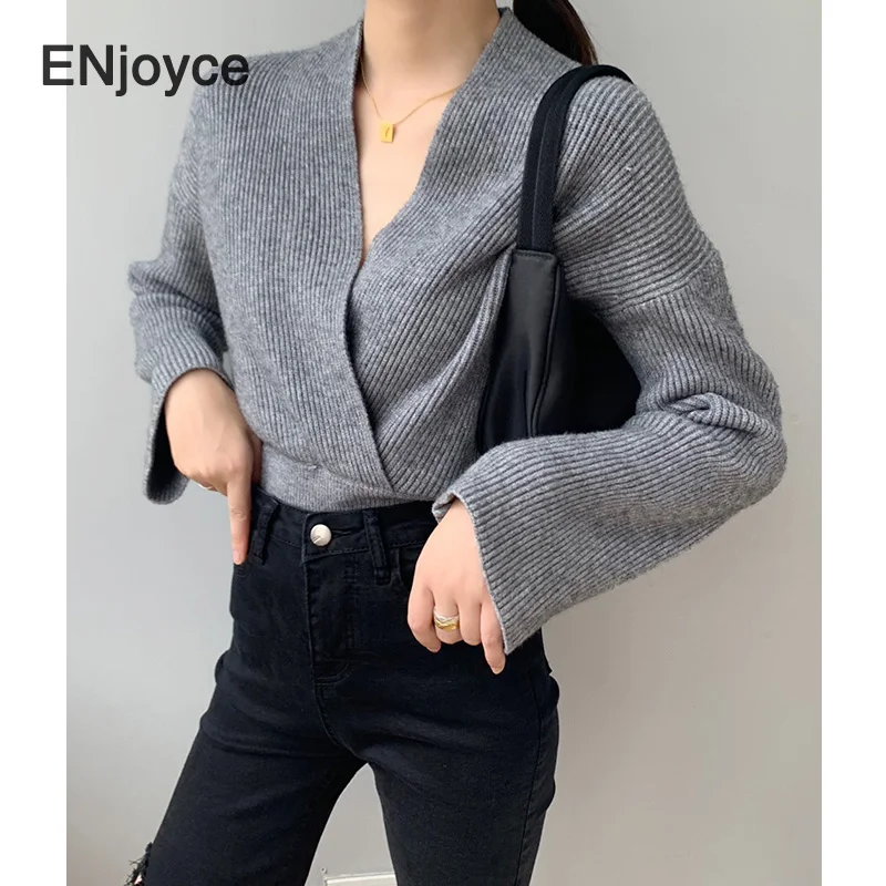 

Women Spring Autumn Sexy Split V Neck Knitting Sweater Cropped Tops Slim Korean Style Pullovers Office Ladies Elegant Sweaters