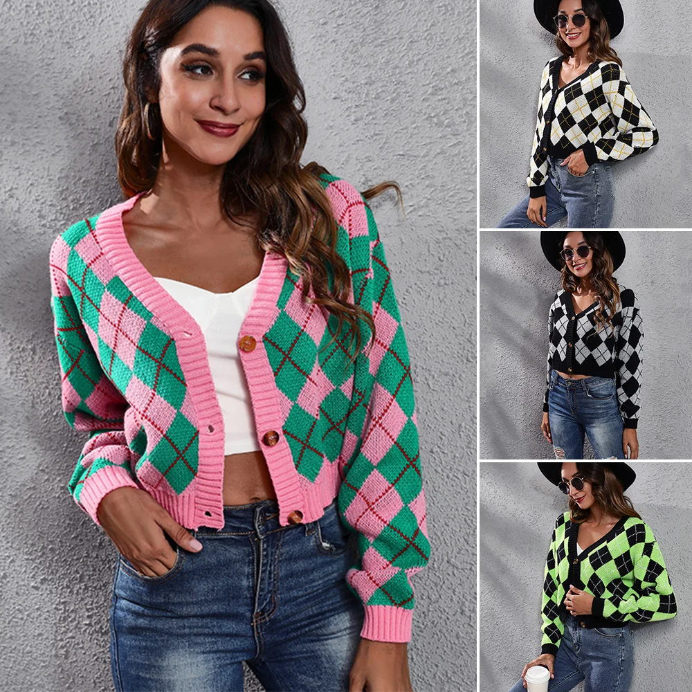 

Fashion Women Knitted Crop Cardigan Plaid Long Sleeve V Neck Single-breasted Short Top Vintage Sweater Fall Women Clothing Pink