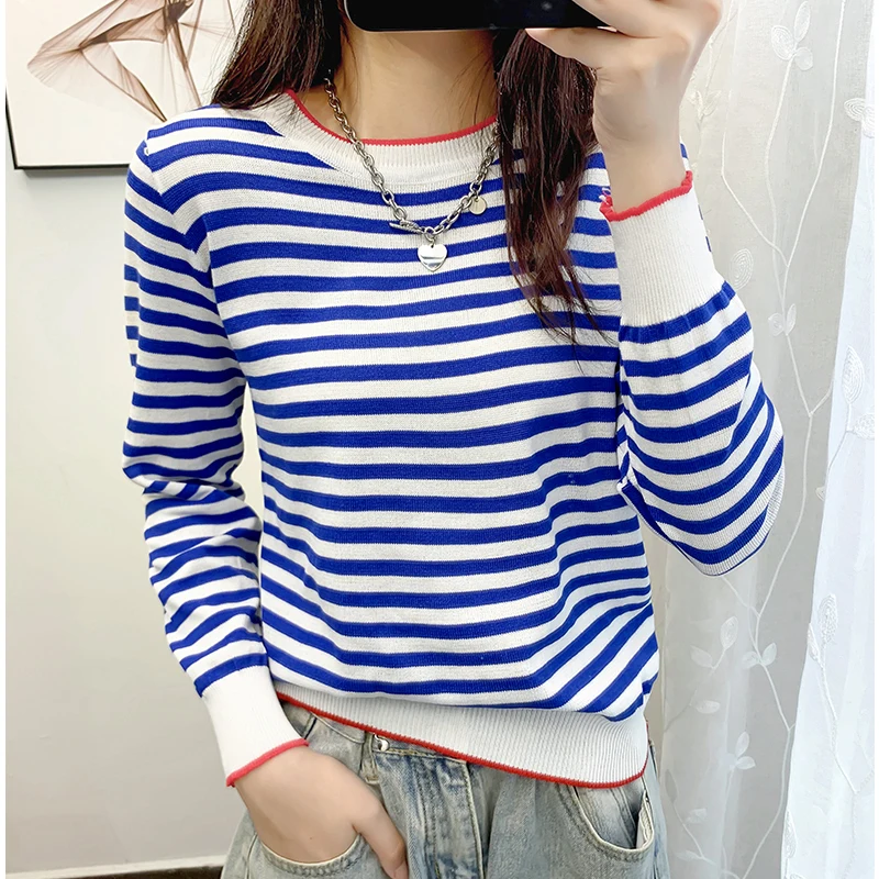 

Long Sleeve Pullover Women Sweater Knitted Striped Sweaters England Style O-Neck Tops Jersey Mujer Spring Autumn Pull Femme 2021