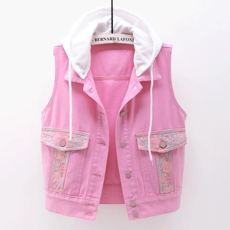 

New Spring Summer Wear Lace Embroidery Denim Vest Thin Women Short Hooded Waistcoat Top Tide Plus size Womens Vests Jacket 5XL