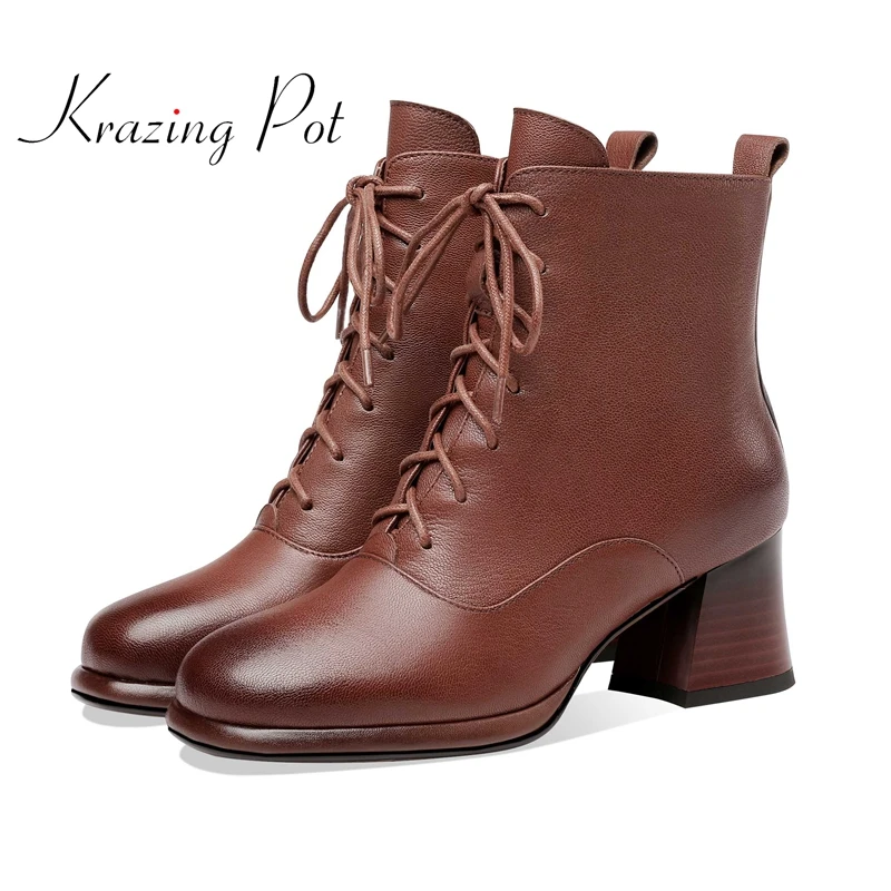 

krazing pot plus size sheep leather round toe high heels European style mature young lady daily wear cross-tied ankle boots L24