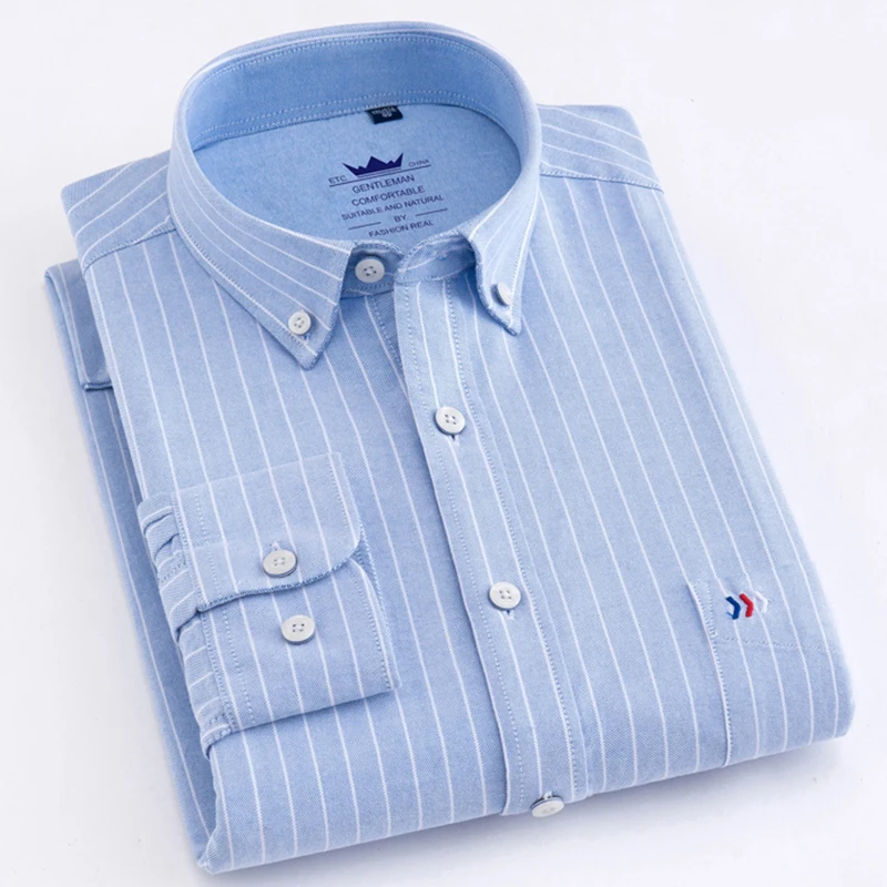 2021 High Quality S~6XL Mens Long Sleeve Shirts 100% Cotton Oxford Wash Striped Casual Fitted Slim Fit Dress Shirts For Male