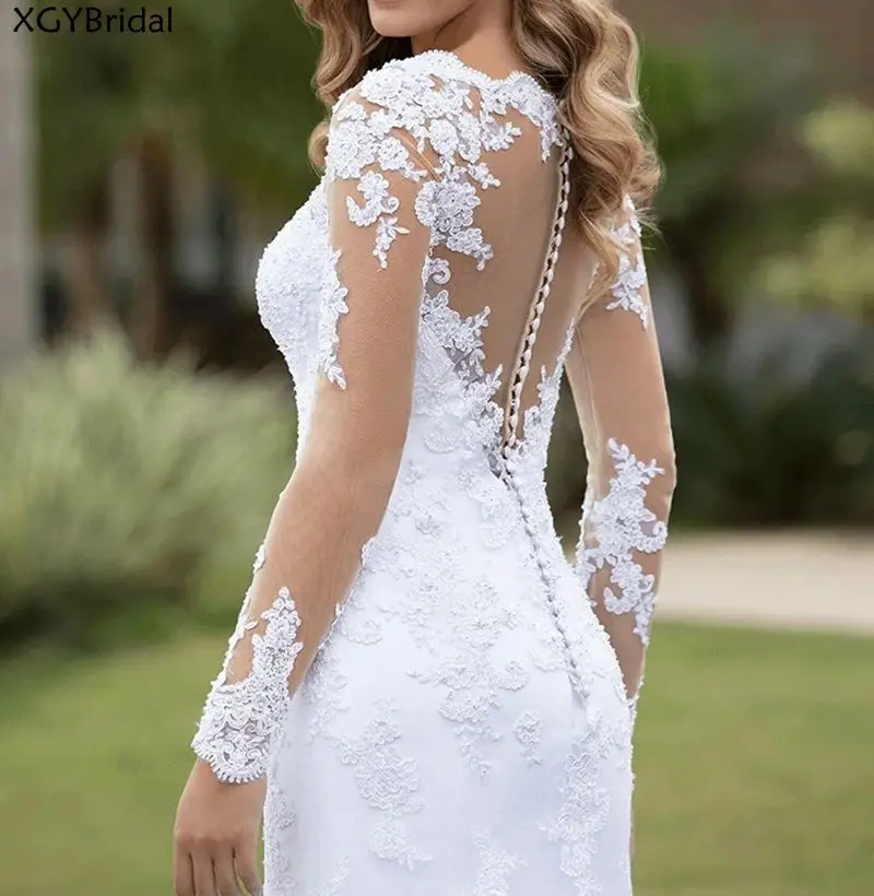 

New Arrival Bridal Dress 2021 Vestido de noiva Long Sleeves Mermaid Wedding Dresses Illusion Back Court Train Wedding Gowns