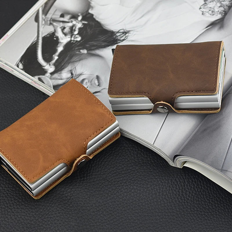 

2020 Vintage Aluminum Alloy Leather Wallet Automatic Card Case RFID Mini Double Layer Box Card Holder Twins Wallets for Men