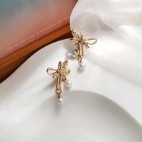 mihan s925 needle women jewelry bow earrings pretty design simulated pearl high quality shiny crystal drop earrings for gifts
