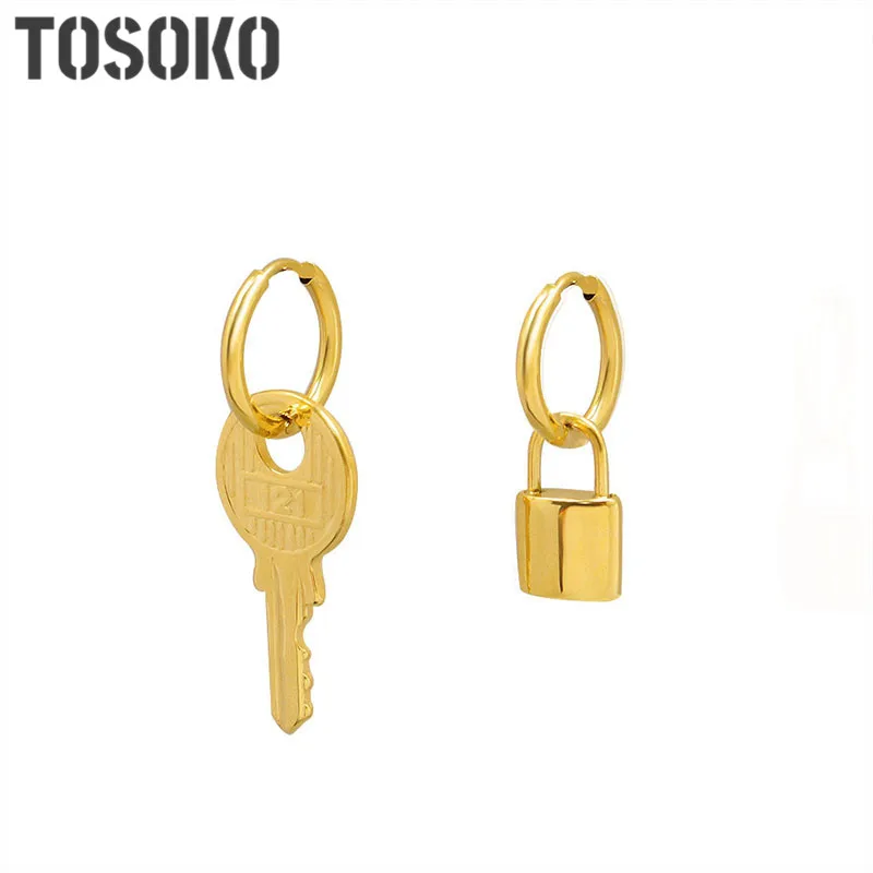 TOSOKO ювелирные изделия из нержавеющей стали стерео крупные асимметричные серьги с замком ключа женские индивидуальные серьги BSF520
