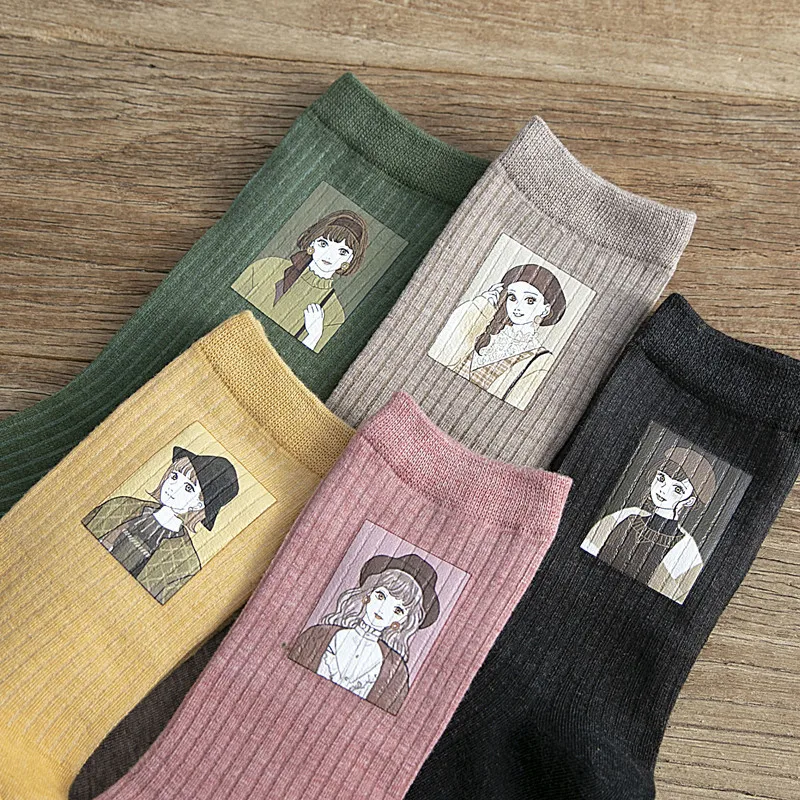 5pcs/lot Woman Happy Funny Socks Print Art Cute Spring Cartoon Socks Bear Cotton Kawaii Women Fashion Harajuku Colorful Socks