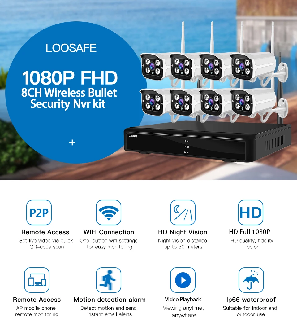 H265 8CH 1080P WiFi IP NVR CCTV система видеонаблюдения комплект HD беспроводная наружная 2MP ИК ночного видения аудио видео камера