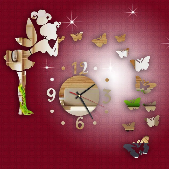Современный стиль Бабочка фея DIY зеркальные настенные часы стикеры домашний