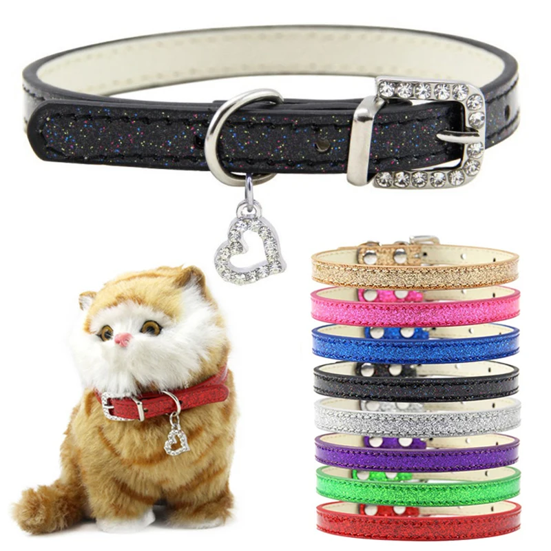 

Candy Color Bling Cat Collar Adjustable Neck Strap Love Heart Hollow Out Crystal Pendants Safety Buckle Pet Neck Ring